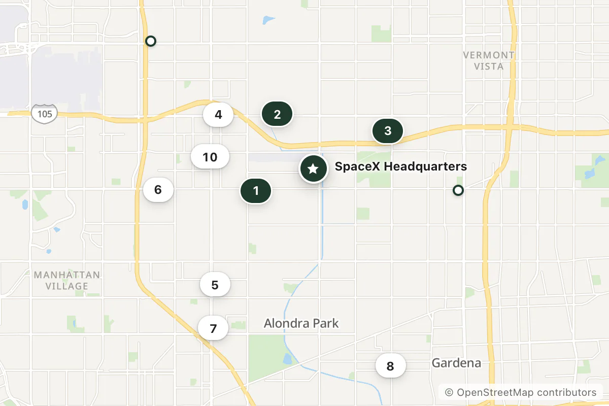 Map of the top 12 hotels for this question around SpaceX Headquarters