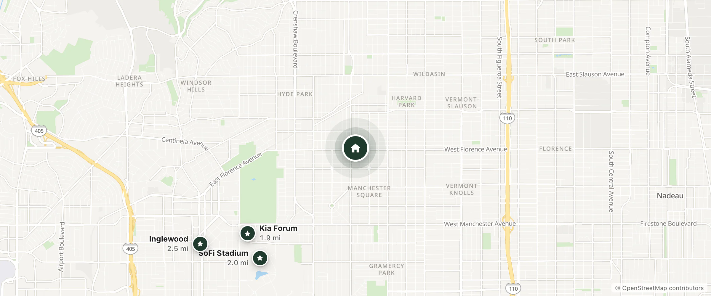 Map of Budget Motel and nearby Kia Forum, SoFi Stadium and Inglewood