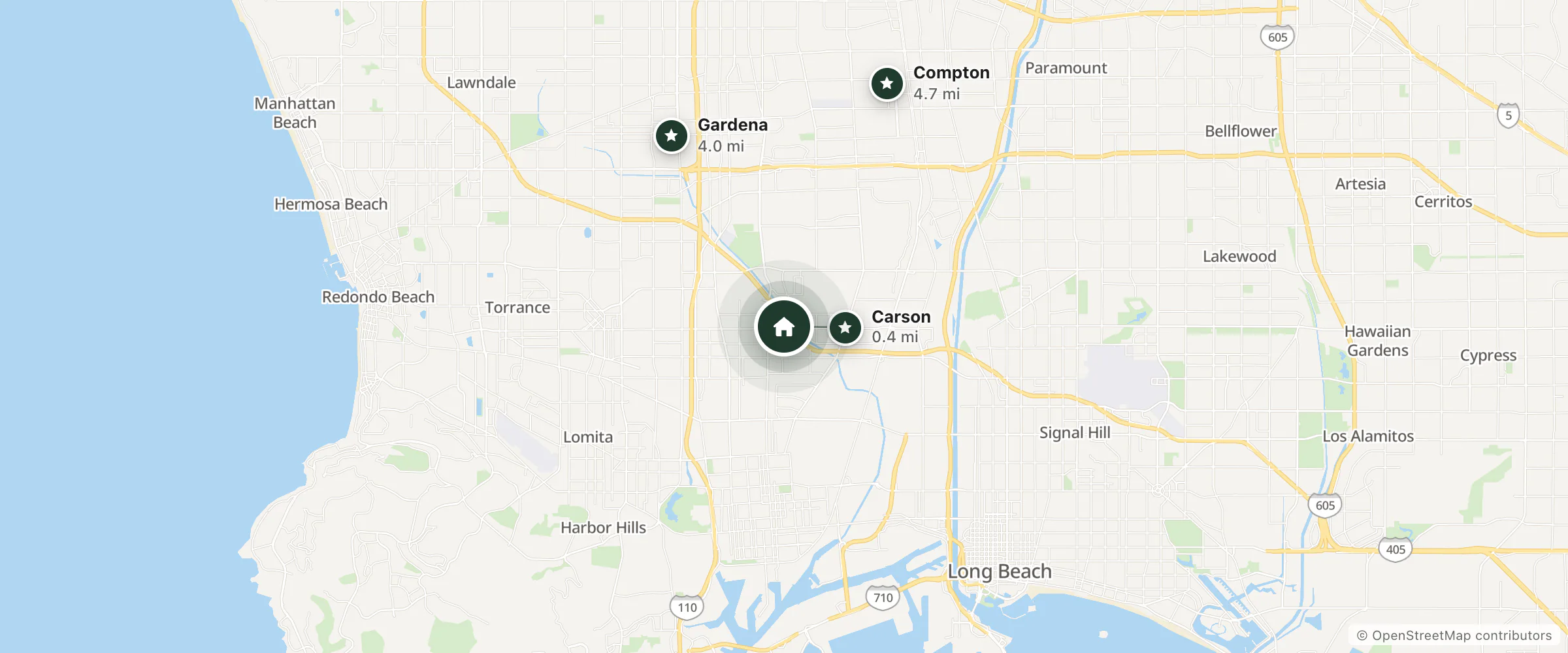Map of The Carson Doubletree Hotel Civic Plaza and nearby Carson, Gardena and Compton