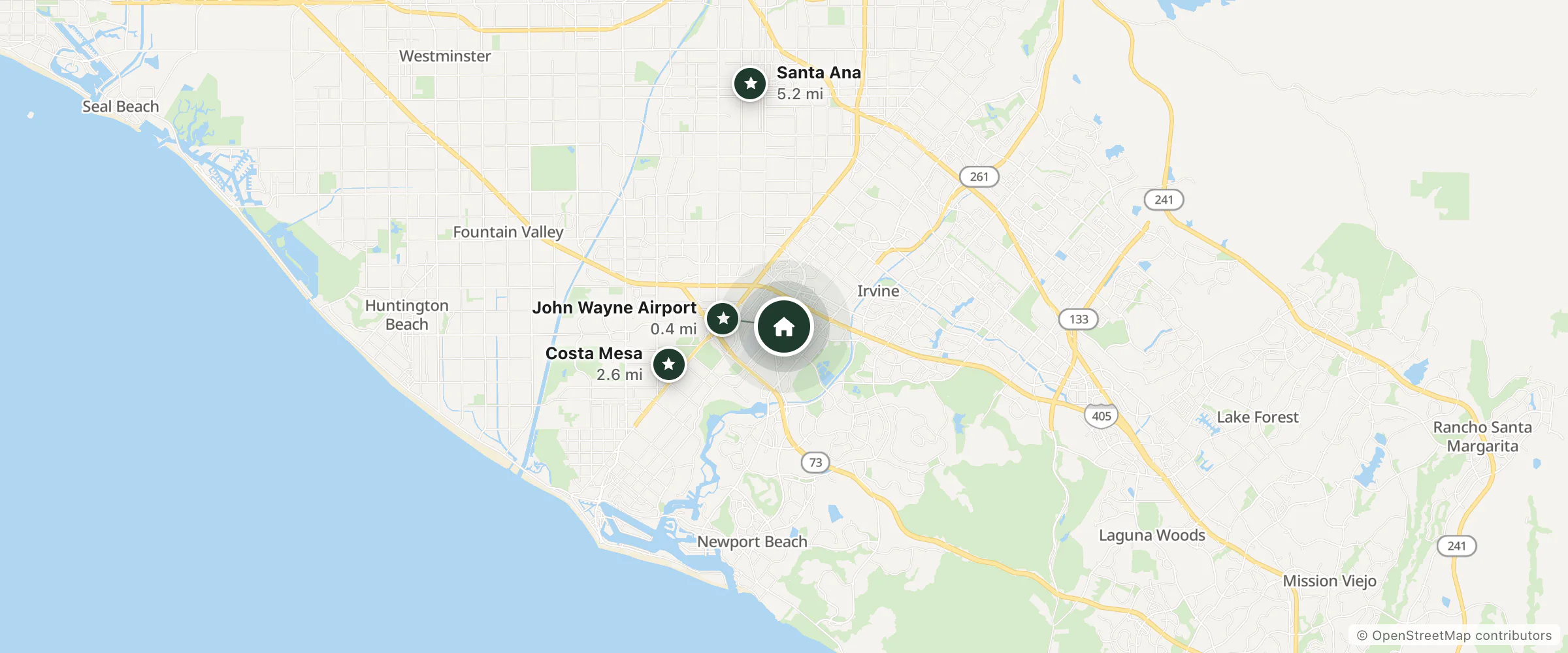 Map of California Lodge Suites and nearby John Wayne Airport, Costa Mesa and Santa Ana