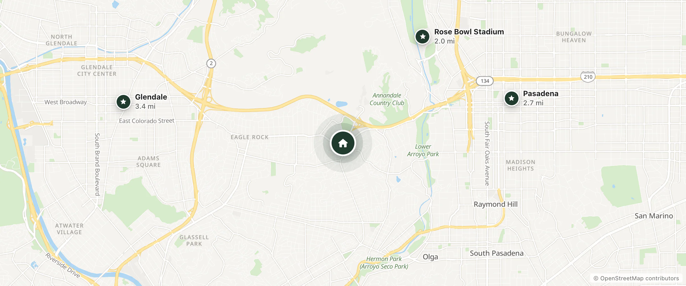 Map of Casa Lu-An Motel and nearby Rose Bowl Stadium, Pasadena and Glendale