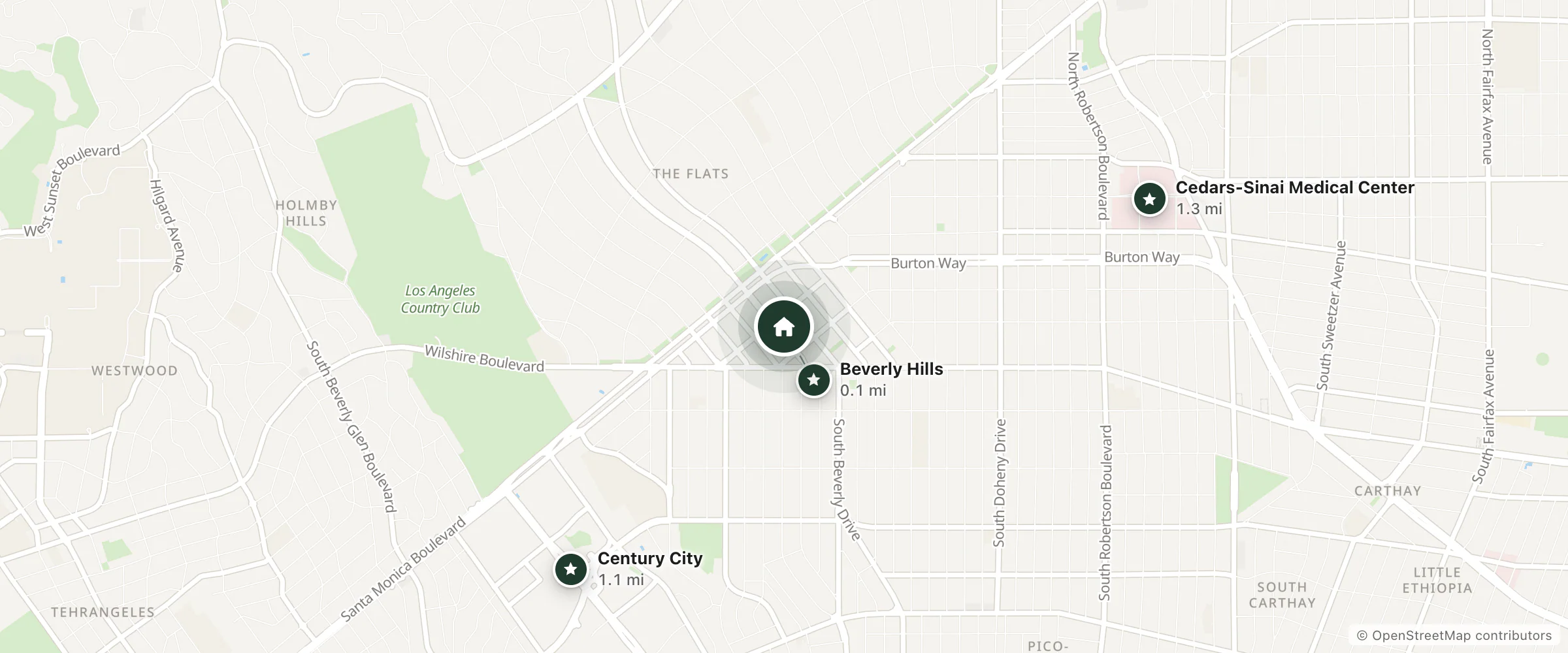 Map of Luxe Rodeo Drive Hotel and nearby Beverly Hills, Century City and Cedars-Sinai Medical Center