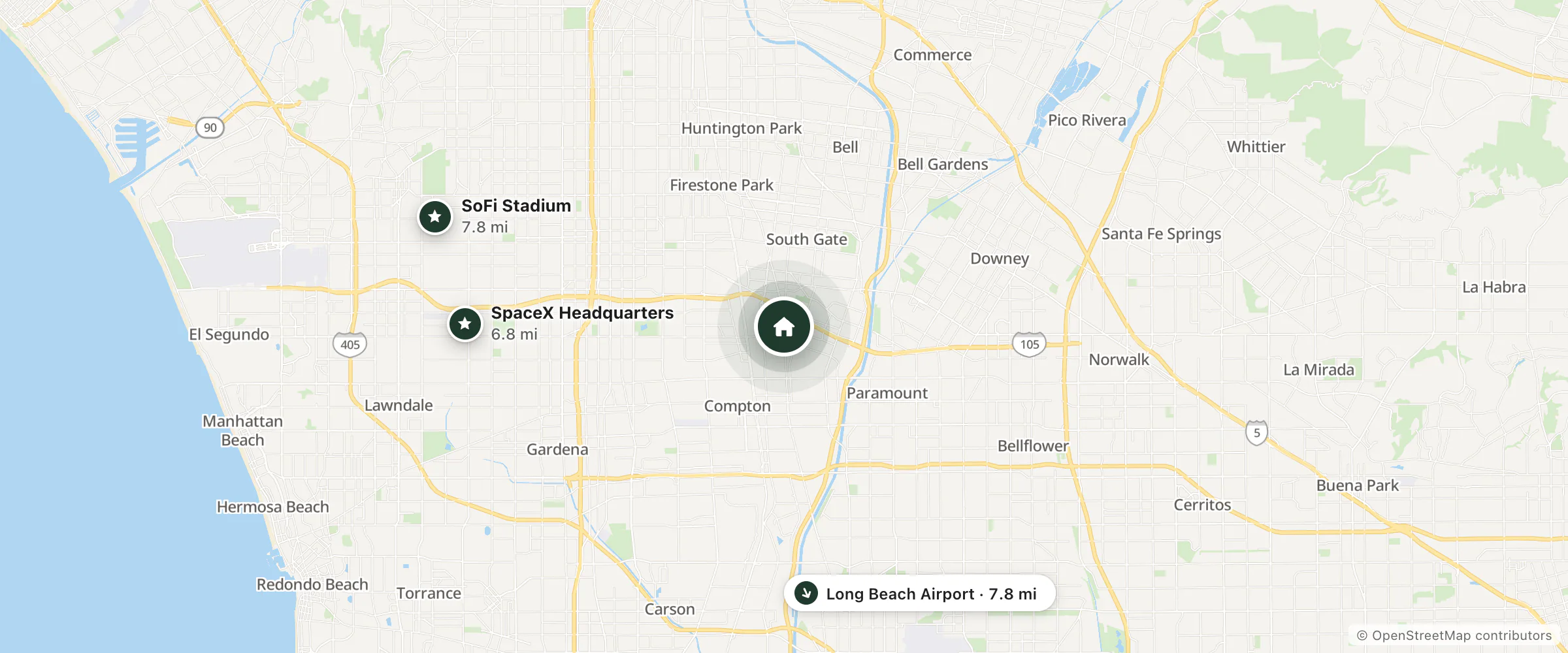Map of Mission Motel and nearby SpaceX Headquarters, Long Beach Airport and SoFi Stadium