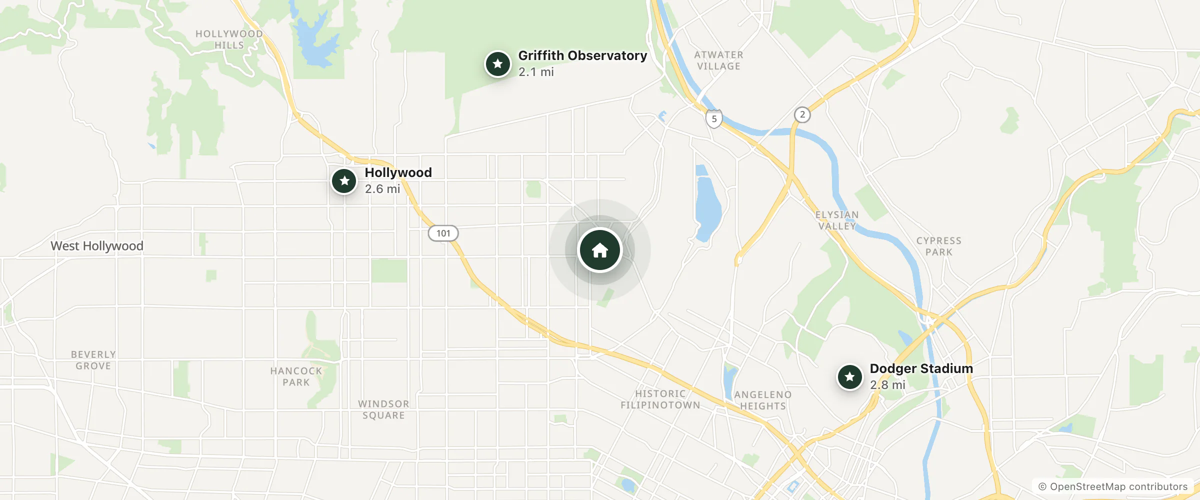 Map of Silver Lake Pool & Inn and nearby Griffith Observatory, Hollywood and Dodger Stadium