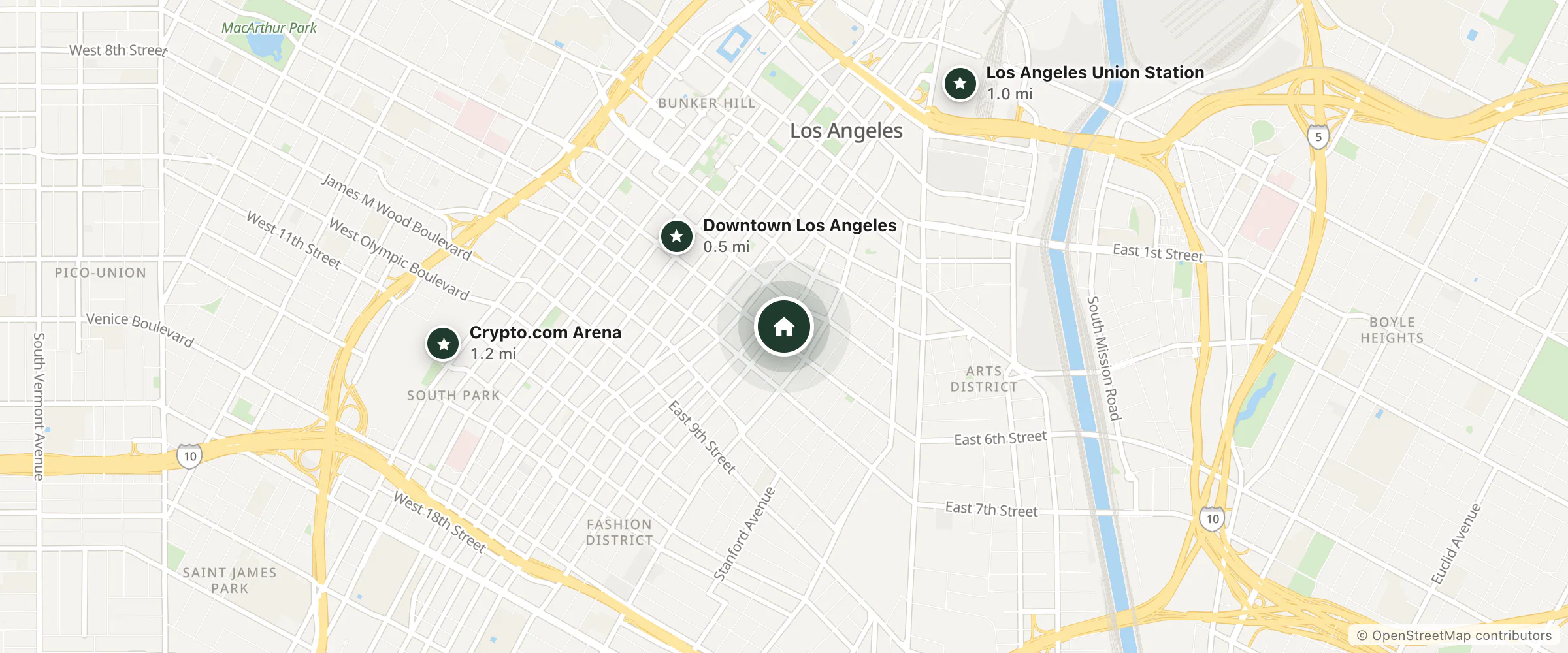 Map of The Palmer House and nearby Downtown Los Angeles, Los Angeles Union Station and Crypto.com Arena