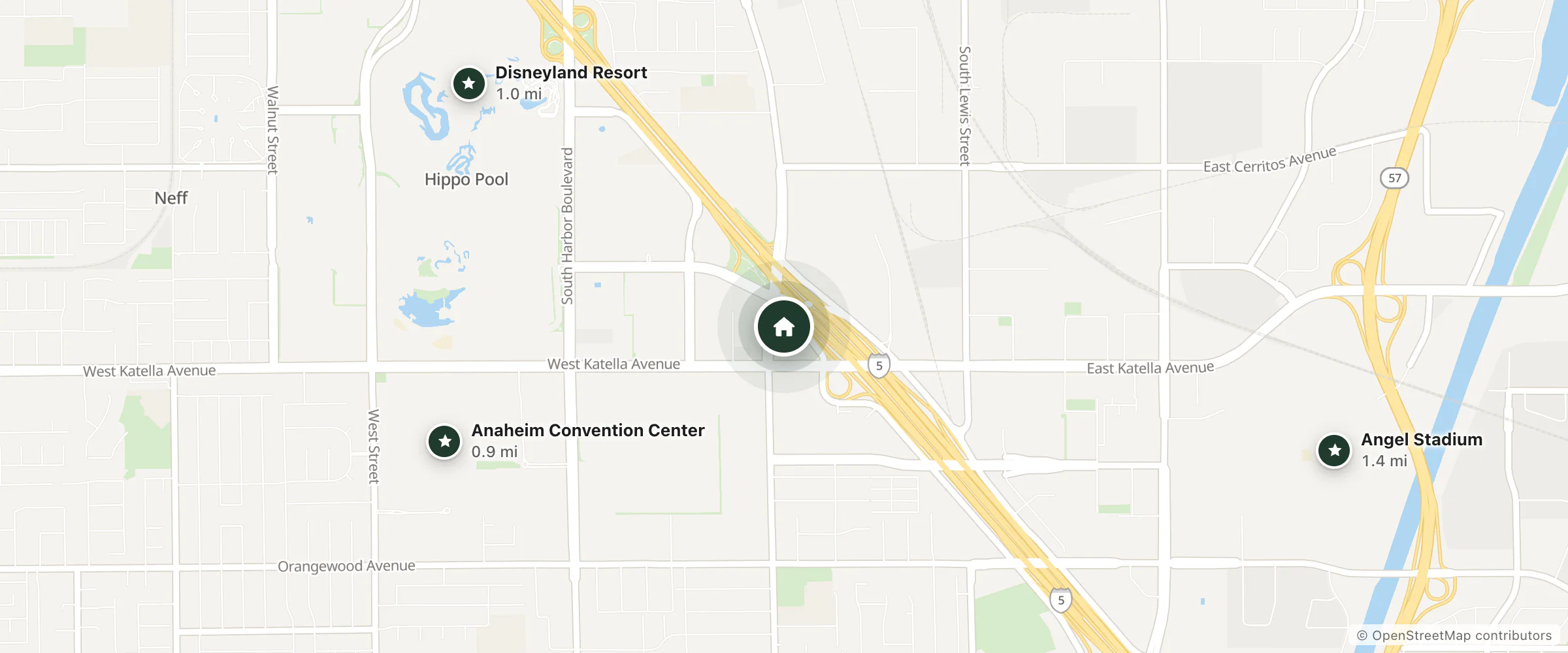 Map of SpringHill Suites by Marriott Anaheim Theme Park / Convention Area and nearby Anaheim Convention Center, Disneyland Resort and Angel Stadium