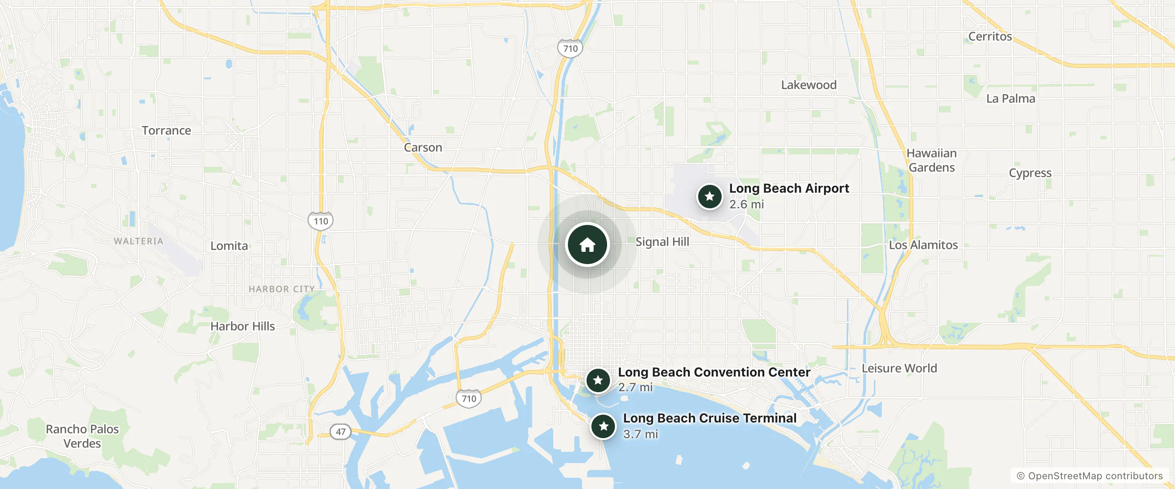 Map of Pacifica Motel and nearby Long Beach Airport, Long Beach Convention Center and Long Beach Cruise Terminal