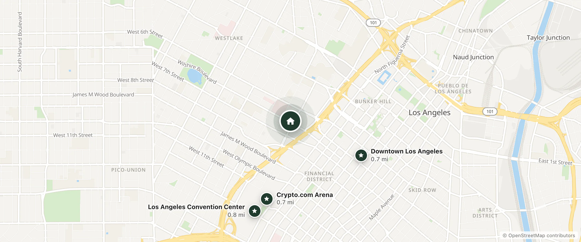 Map of C. Allen Suites and nearby Downtown Los Angeles, Crypto.com Arena and Los Angeles Convention Center