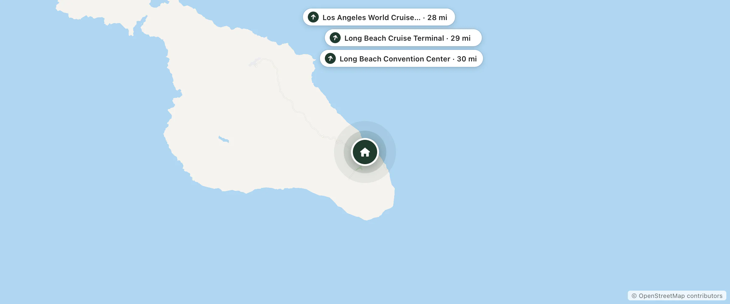 Map of Vincentes and nearby Los Angeles World Cruise Center, Long Beach Cruise Terminal and Long Beach Convention Center