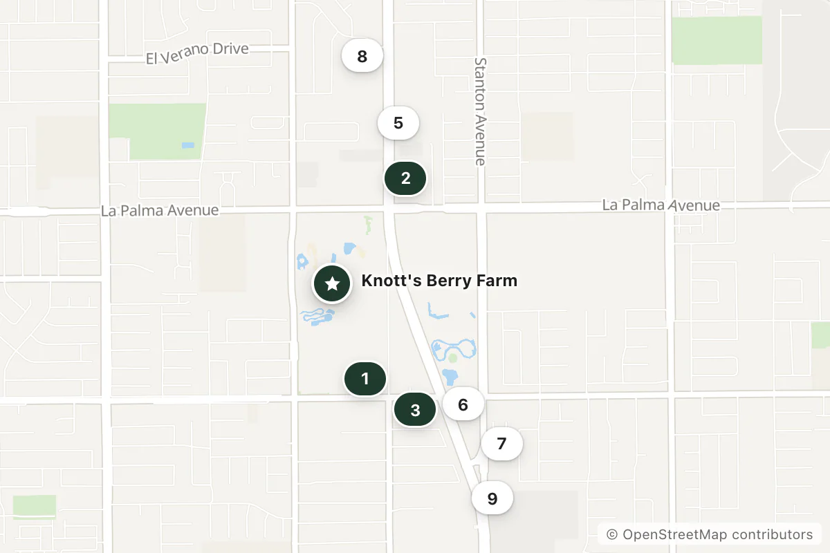 Map of the top 9 hotels for this question around Knott's Berry Farm