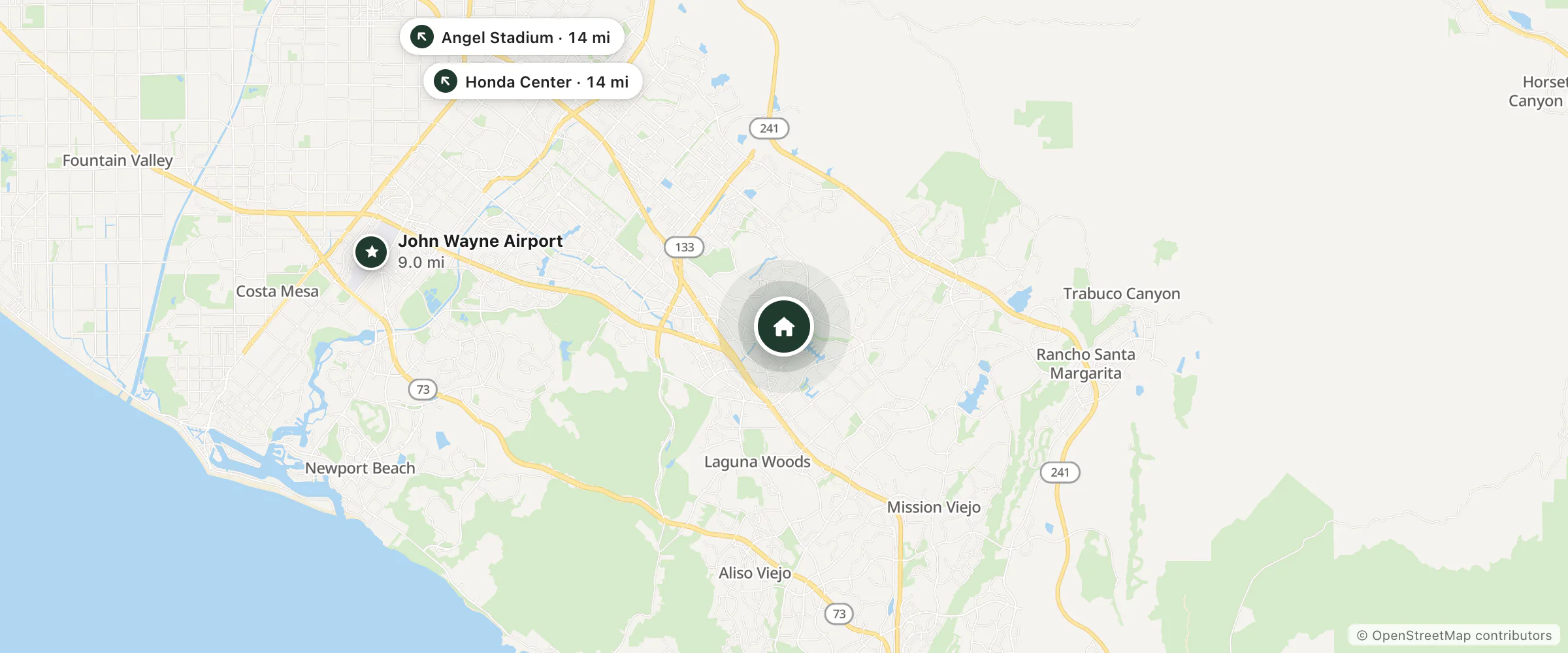 Map of High Road Los Angeles and nearby John Wayne Airport, Angel Stadium and Honda Center