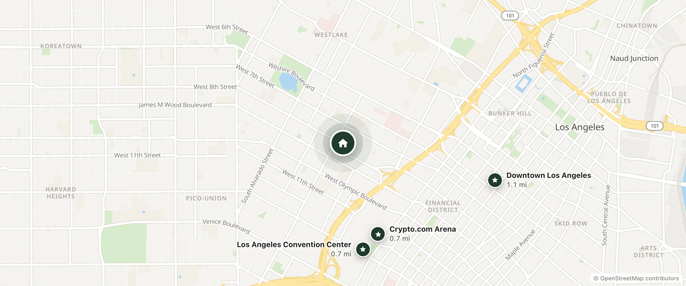 Map of My Sunshine Hotel and nearby Crypto.com Arena, Los Angeles Convention Center and Downtown Los Angeles
