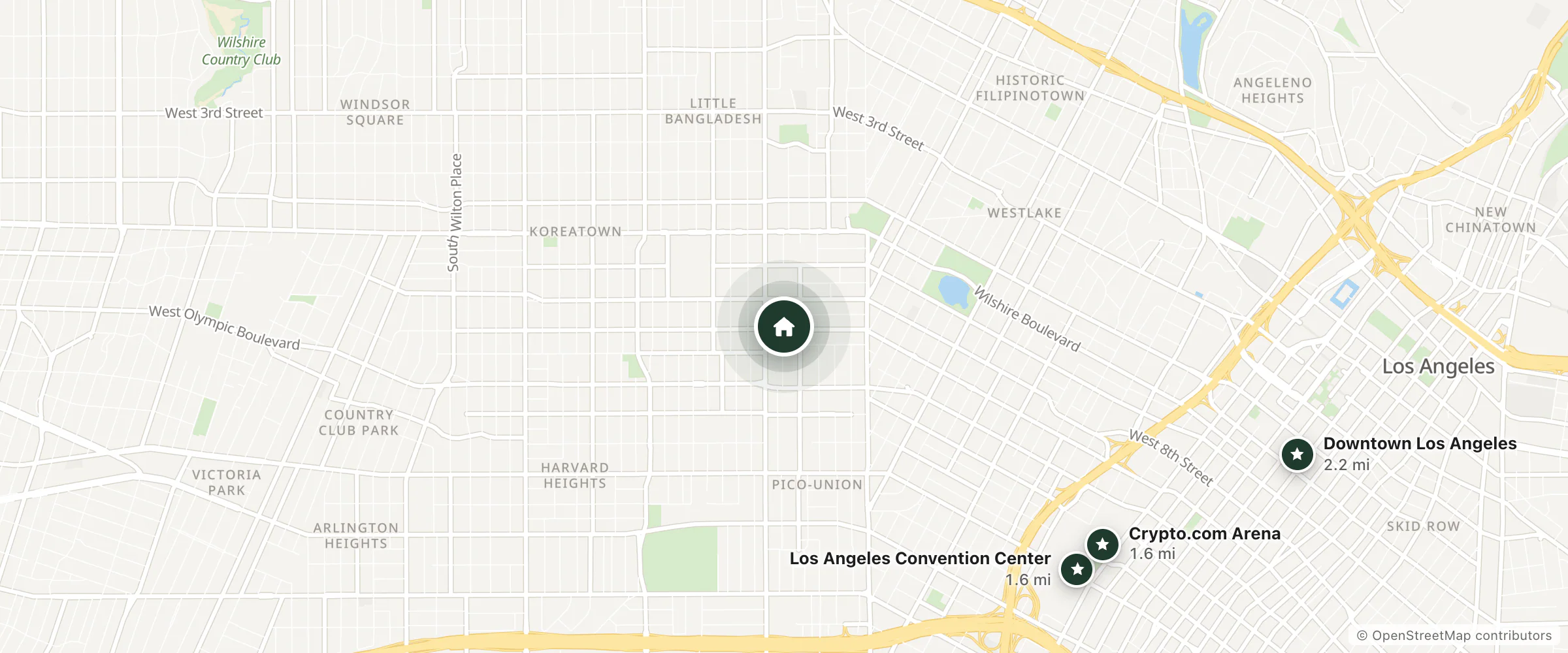 Map of hotel kilo and nearby Los Angeles Convention Center, Crypto.com Arena and Downtown Los Angeles