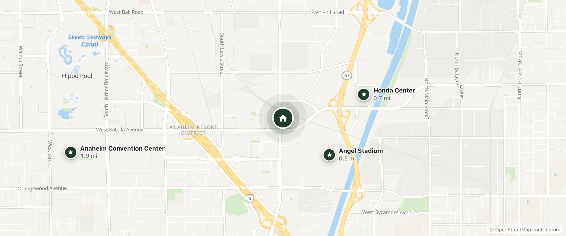 Map of TownePlace Suites and nearby Angel Stadium, Honda Center and Anaheim Convention Center