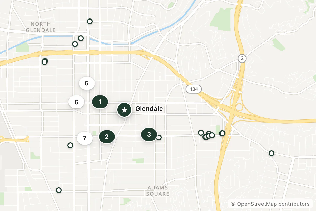 Map of the top 25 hotels for this question around Glendale