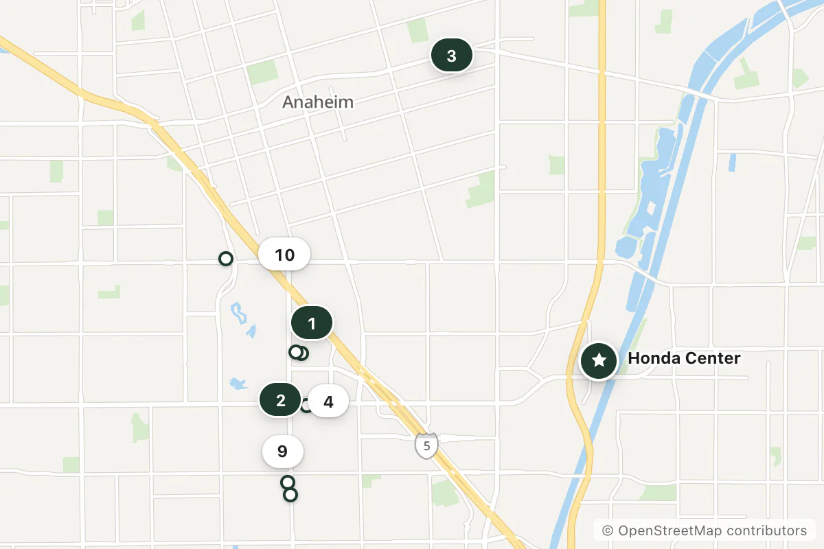 Map of the top 13 hotels for this question around Honda Center
