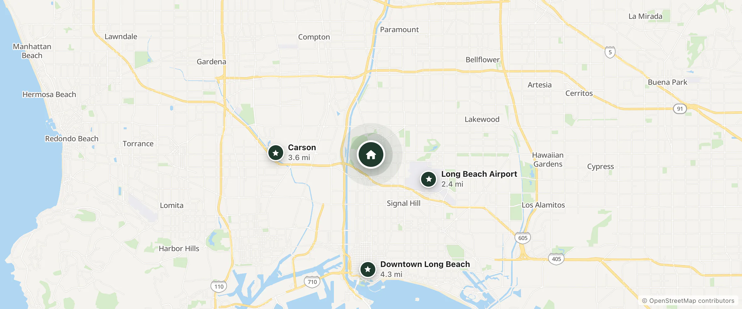 Map of Bixby Knolls Motel and nearby Long Beach Airport, Carson and Downtown Long Beach