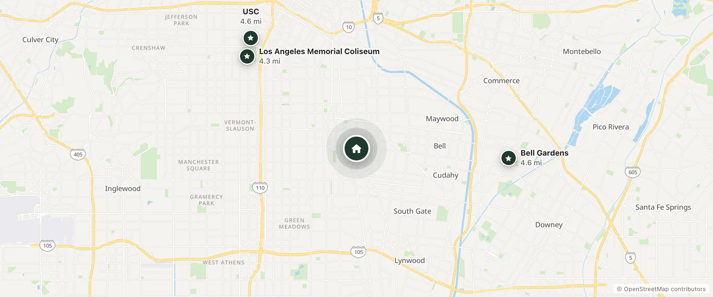 Map of Tiki Motel and nearby Los Angeles Memorial Coliseum, Bell Gardens and USC