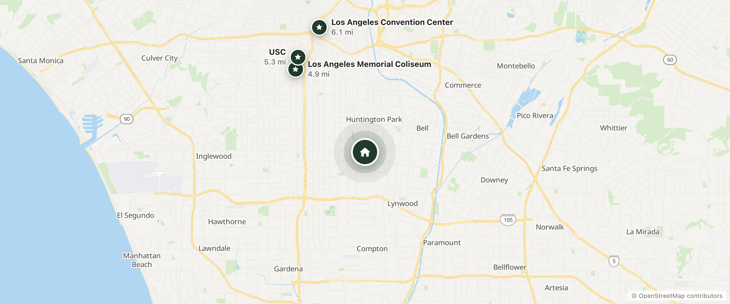 Map of El Rancho Motel and nearby Los Angeles Memorial Coliseum, USC and Los Angeles Convention Center