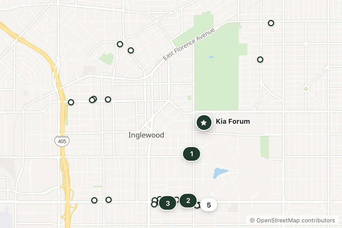 Map of the top 25 hotels for this question around Kia Forum