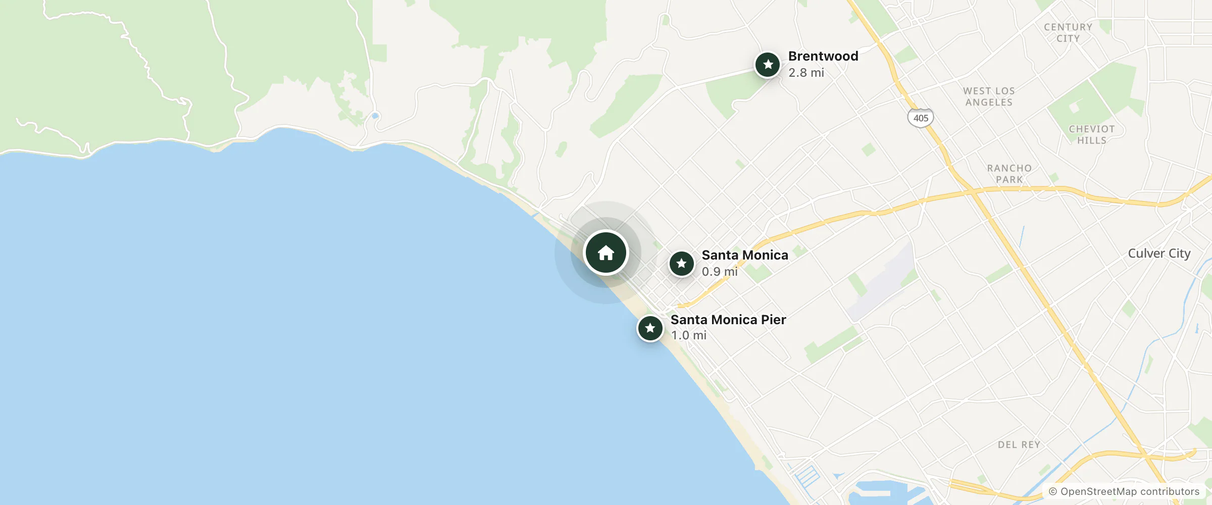 Map of Oceana Santa Monica and nearby Santa Monica, Santa Monica Pier and Brentwood