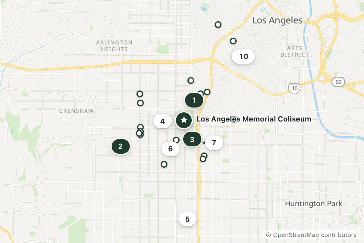 Map of the top 25 hotels for this question around Los Angeles Memorial Coliseum