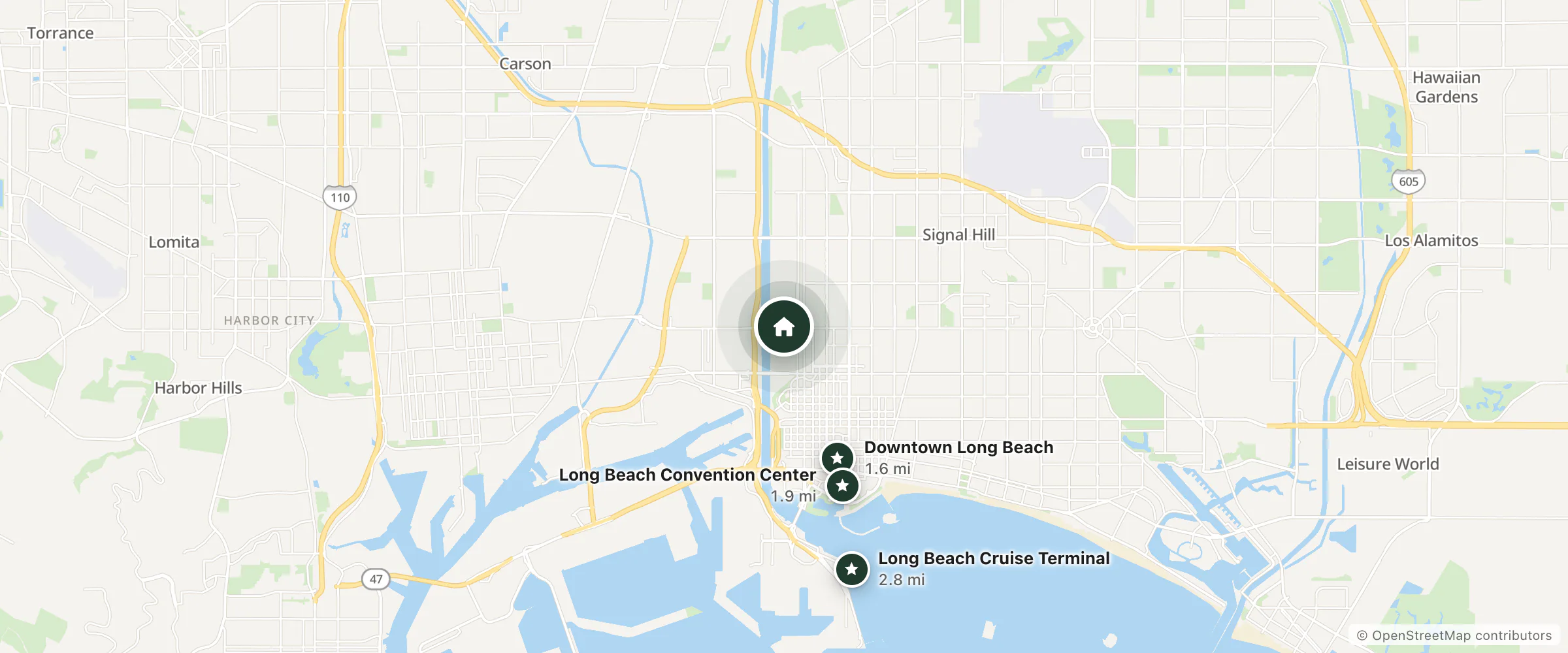 Map of Travel Eagle Inn Motel and nearby Downtown Long Beach, Long Beach Convention Center and Long Beach Cruise Terminal