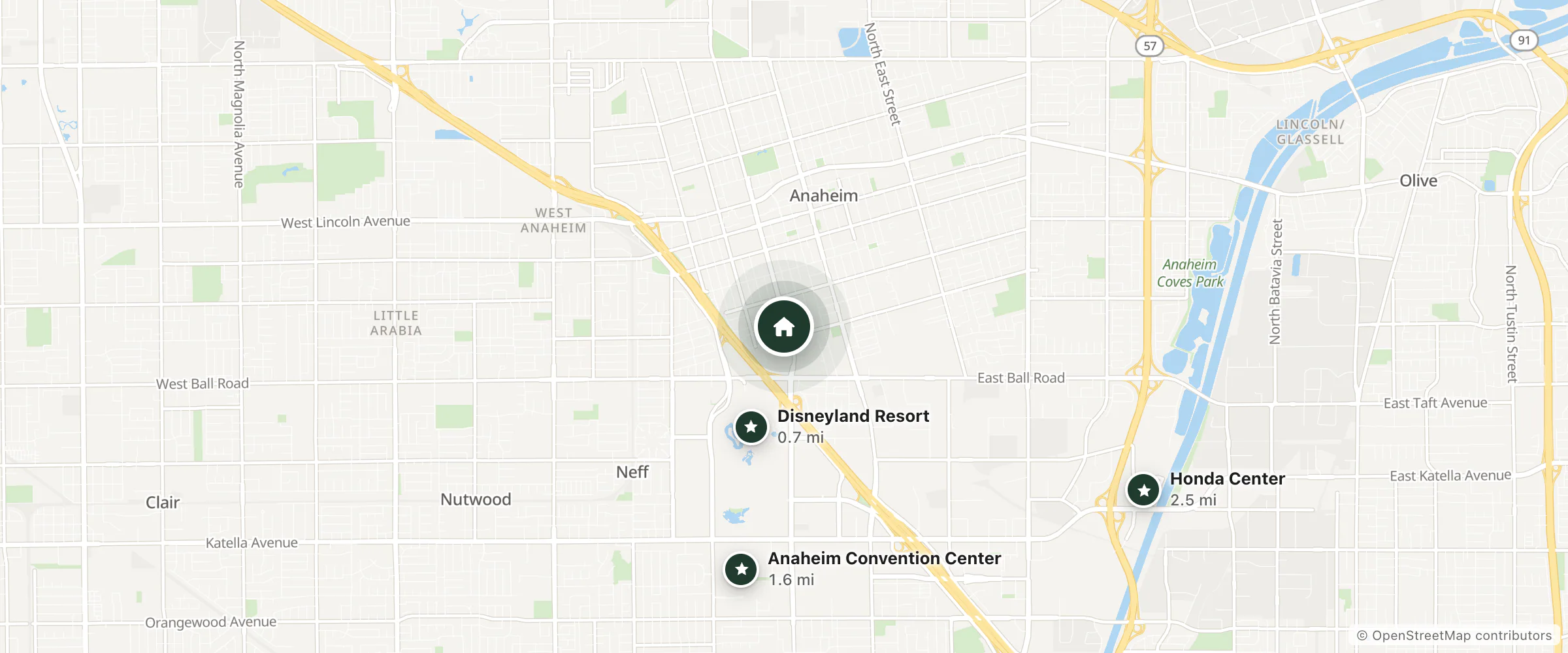 Map of Quality Inn and Suites Anaheim Maingate and nearby Disneyland Resort, Anaheim Convention Center and Honda Center
