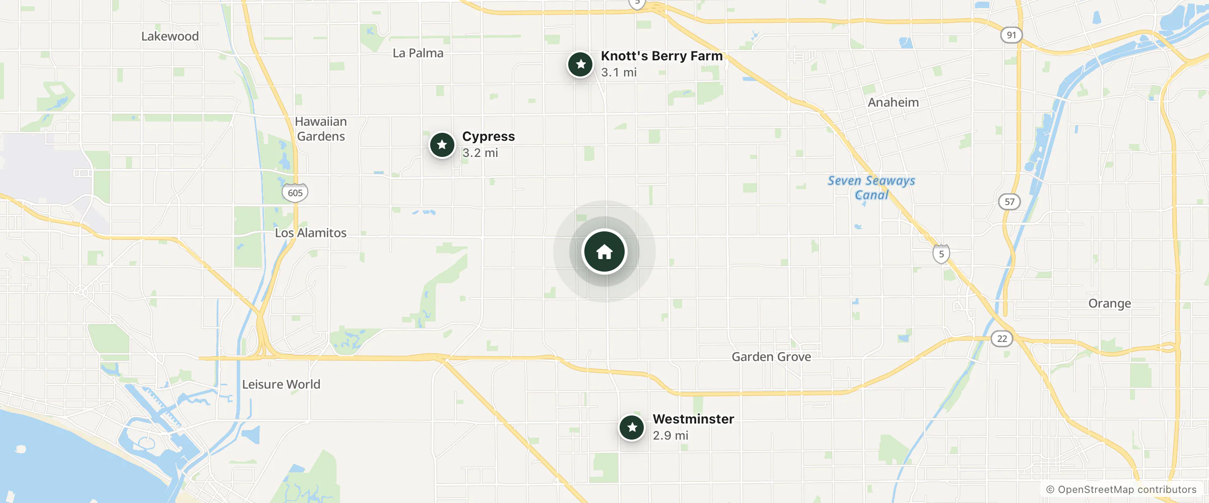 Map of Jade Palace Motel and nearby Westminster, Knott's Berry Farm and Cypress