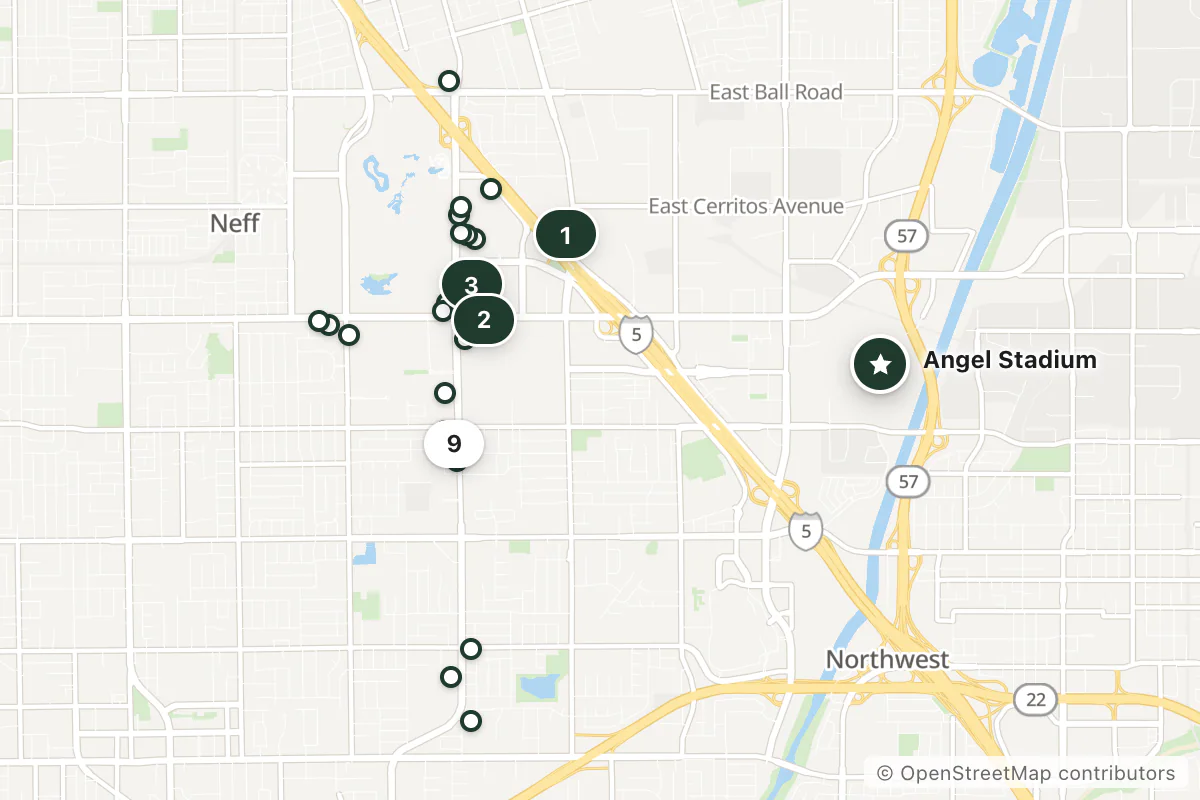 Map of the top 25 hotels for this question around Angel Stadium