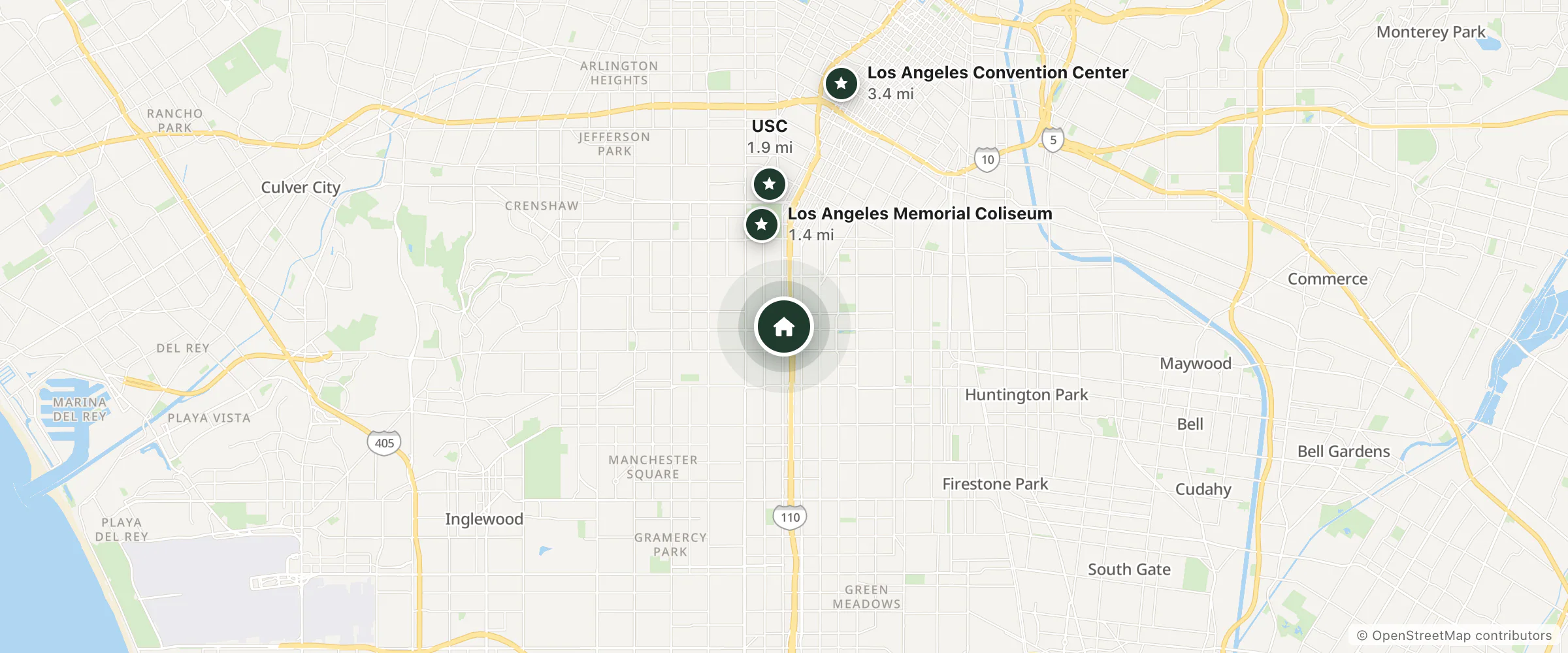 Map of Copacabana Inn and nearby Los Angeles Memorial Coliseum, USC and Los Angeles Convention Center