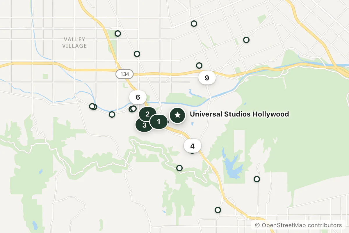 Map of the top 25 hotels for this question around Universal Studios Hollywood