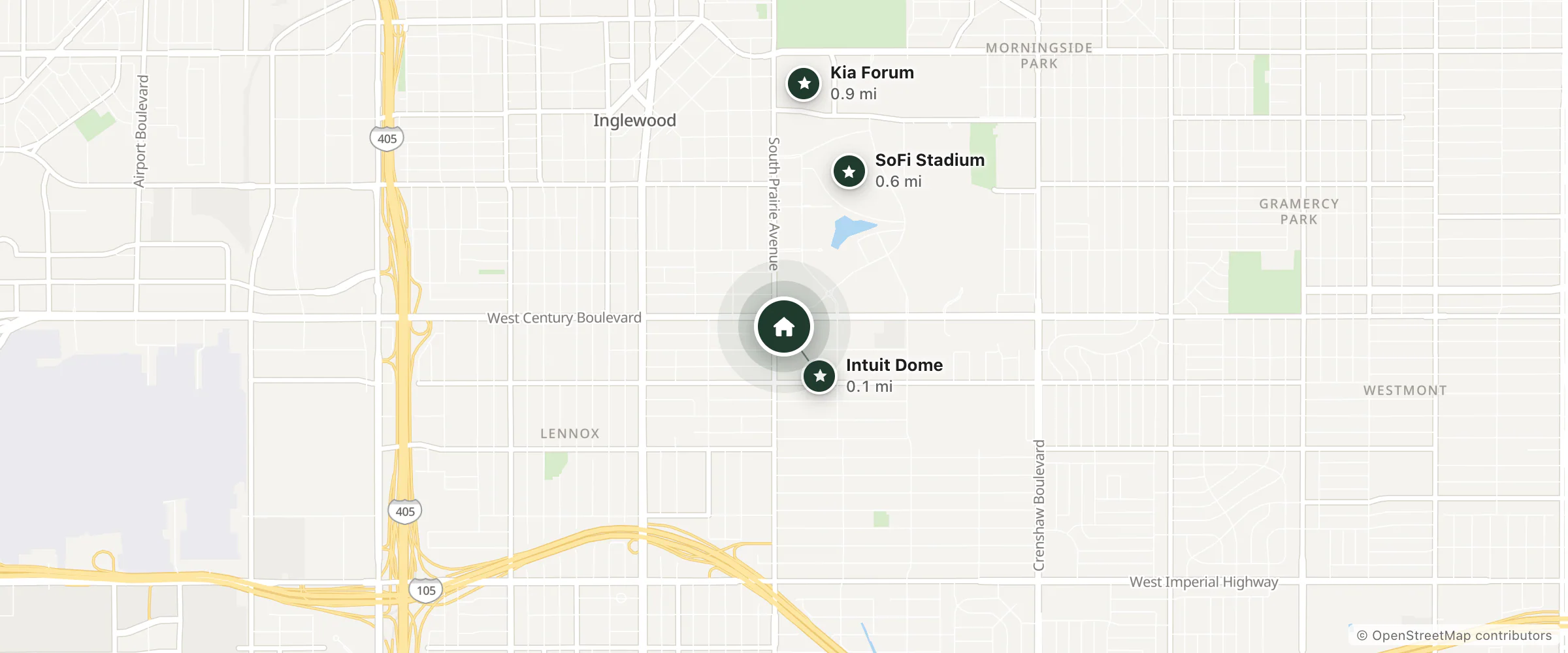 Map of Rodeway Inn & Suites and nearby Intuit Dome, SoFi Stadium and Kia Forum
