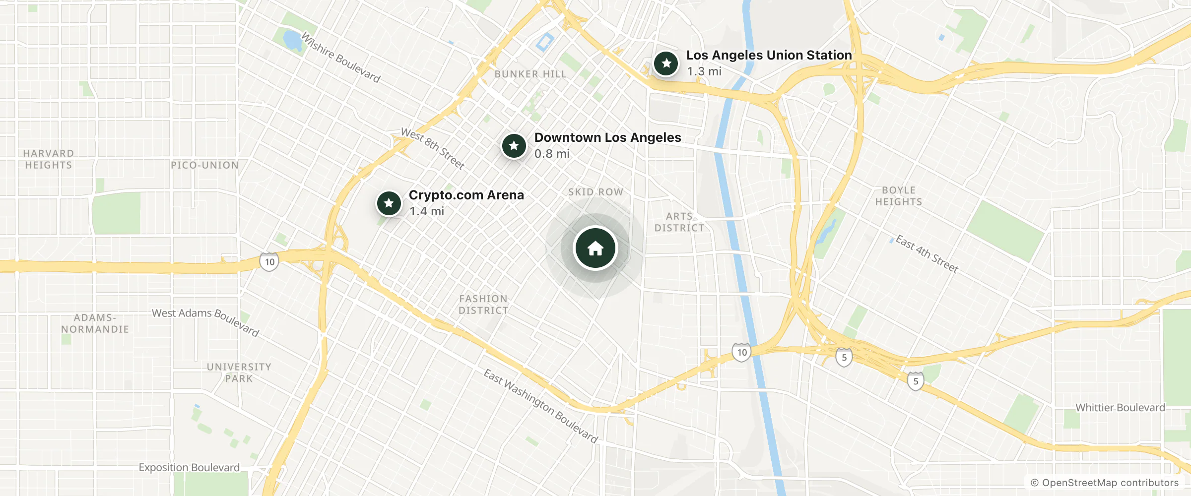 Map of Eugene Hotel and nearby Downtown Los Angeles, Los Angeles Union Station and Crypto.com Arena