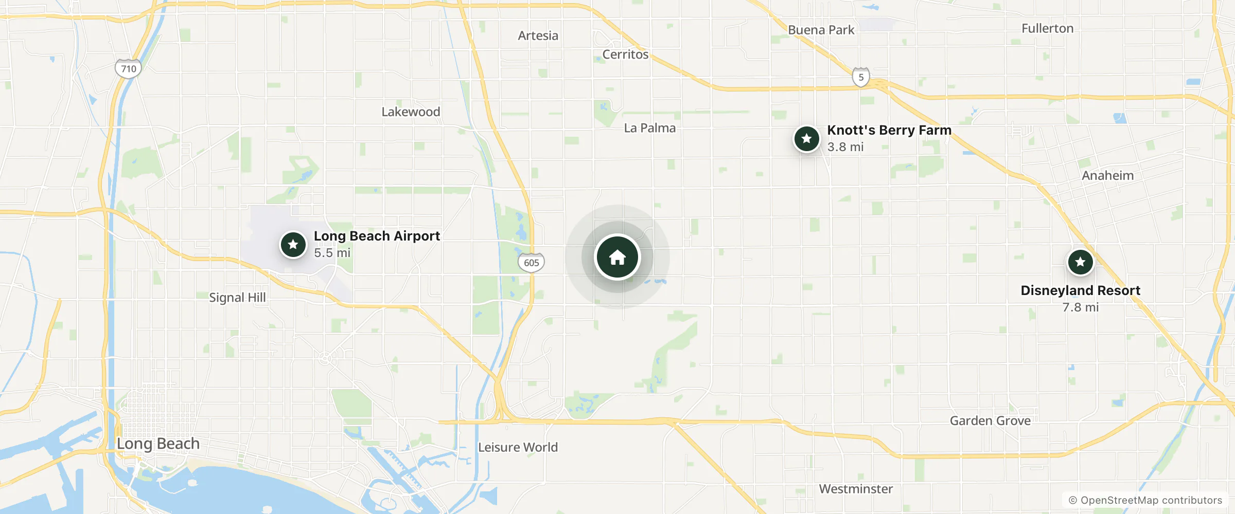 Map of Marriott Hotel and nearby Knott's Berry Farm, Long Beach Airport and Disneyland Resort
