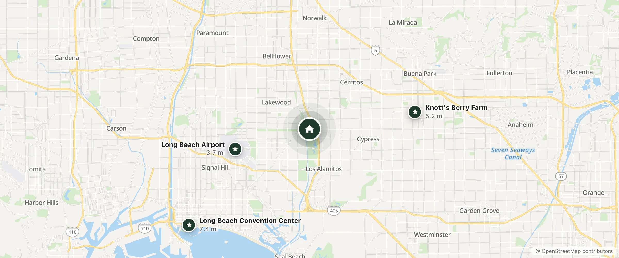 Map of Trade Winds Motel and nearby Long Beach Airport, Knott's Berry Farm and Long Beach Convention Center