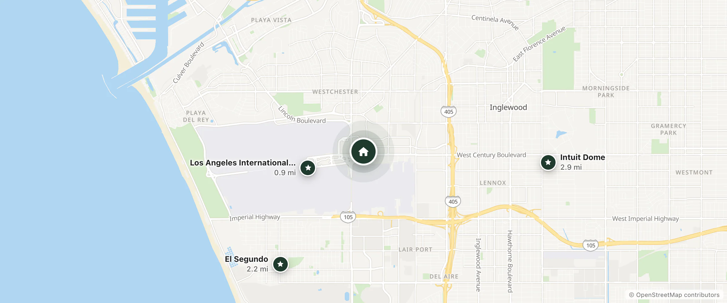 Map of Homewood Suites by Hilton Los Angeles International Airport and nearby Los Angeles International Airport, El Segundo and Intuit Dome