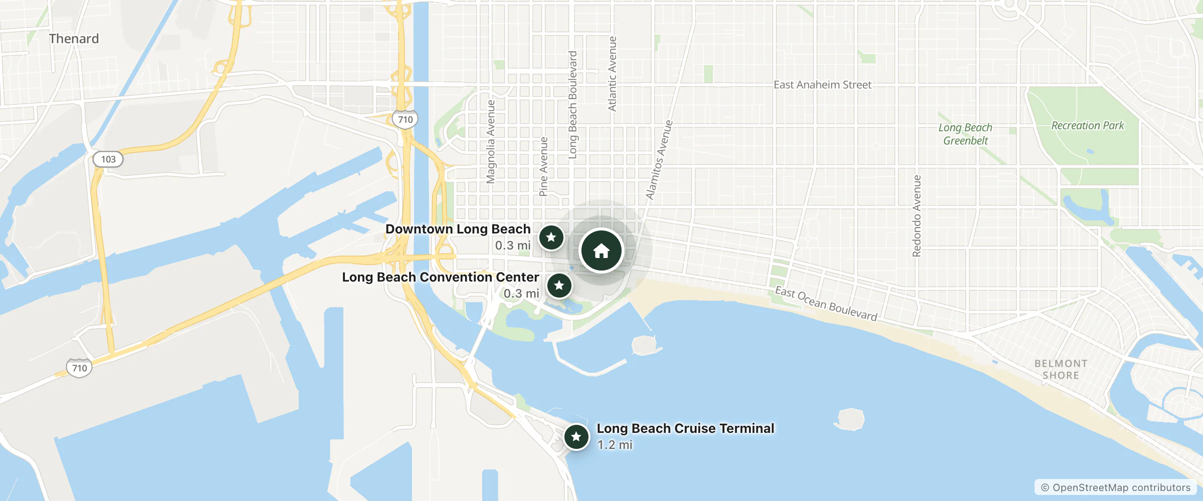 Map of Courtyard by Marriott Long Beach Downtown and nearby Downtown Long Beach, Long Beach Convention Center and Long Beach Cruise Terminal