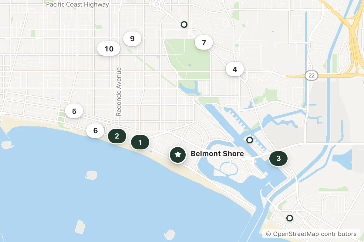 Map of the top 13 hotels for this question around Belmont Shore