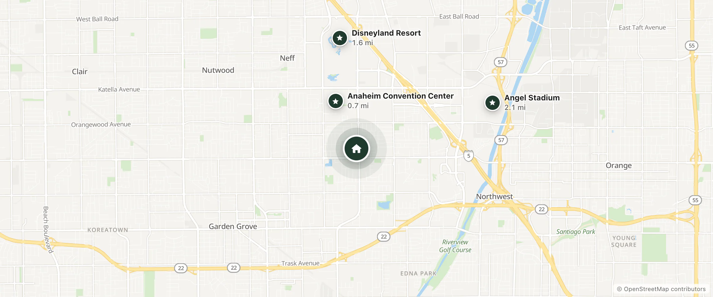 Map of Hilton Garden Inn and nearby Anaheim Convention Center, Disneyland Resort and Angel Stadium