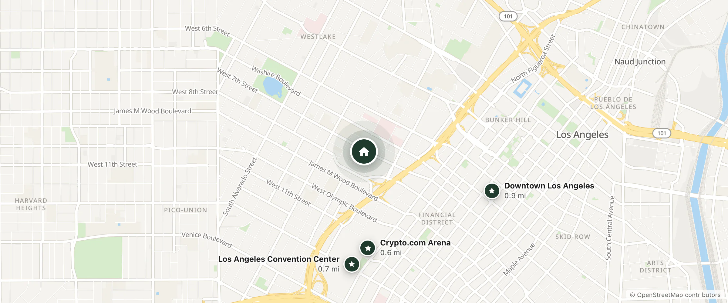 Map of Orchid Gardens MayfaIr Hotel and nearby Crypto.com Arena, Los Angeles Convention Center and Downtown Los Angeles