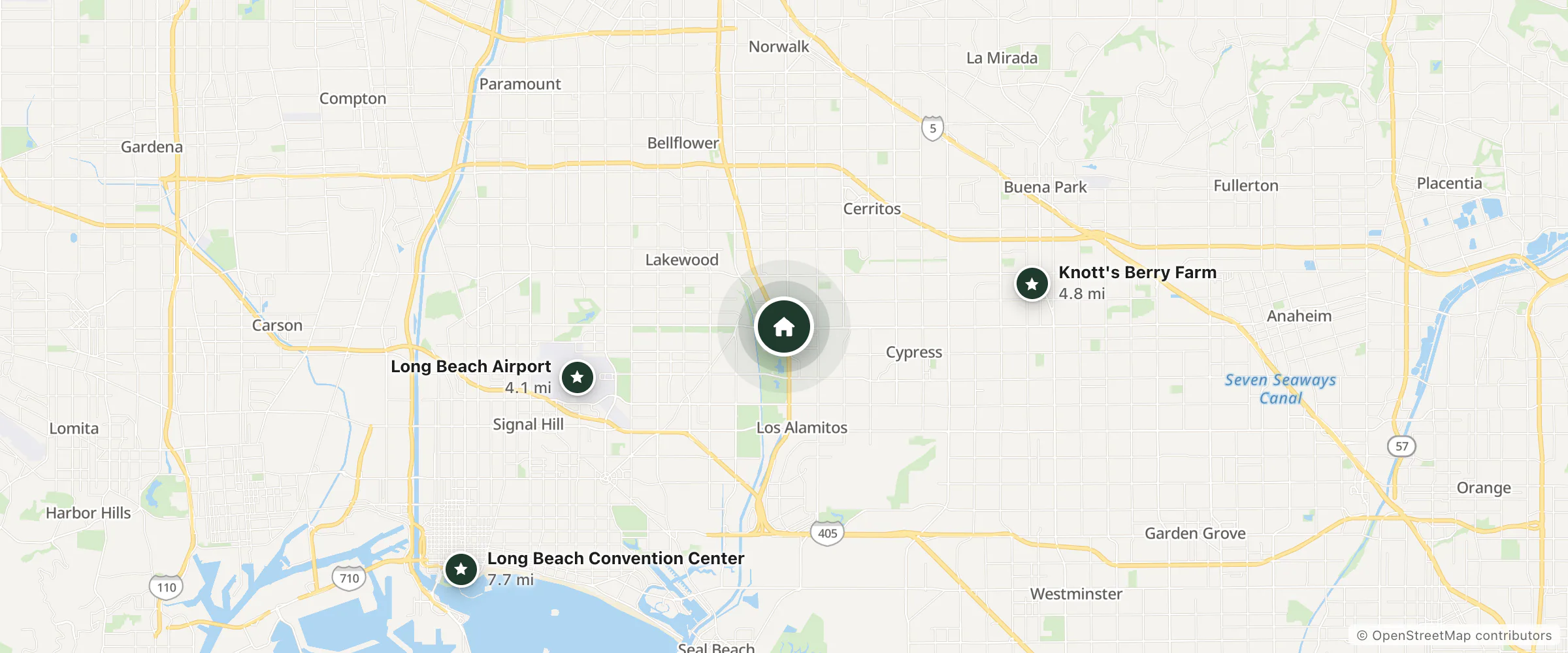 Map of Lakewood Inn and nearby Long Beach Airport, Knott's Berry Farm and Long Beach Convention Center