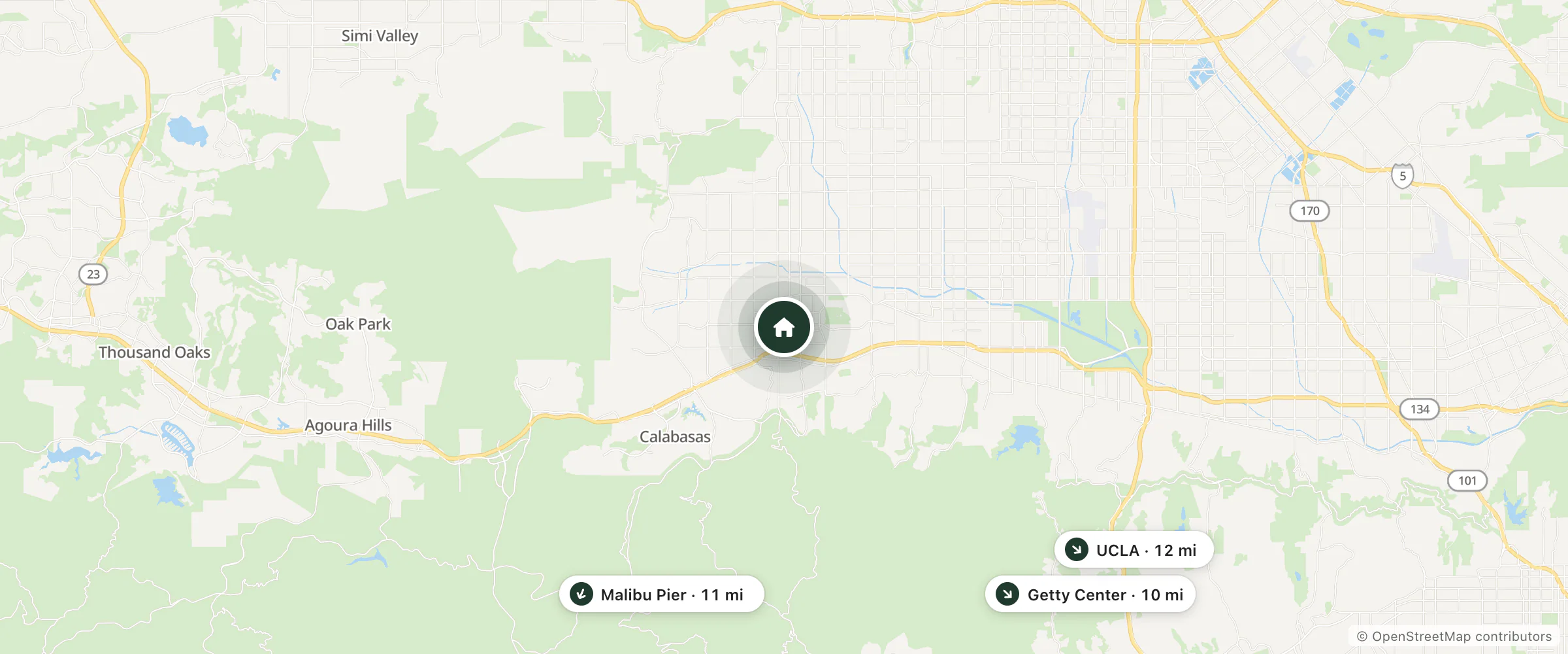 Map of Warner Center Marriott Woodland Hills and nearby Getty Center, Malibu Pier and UCLA