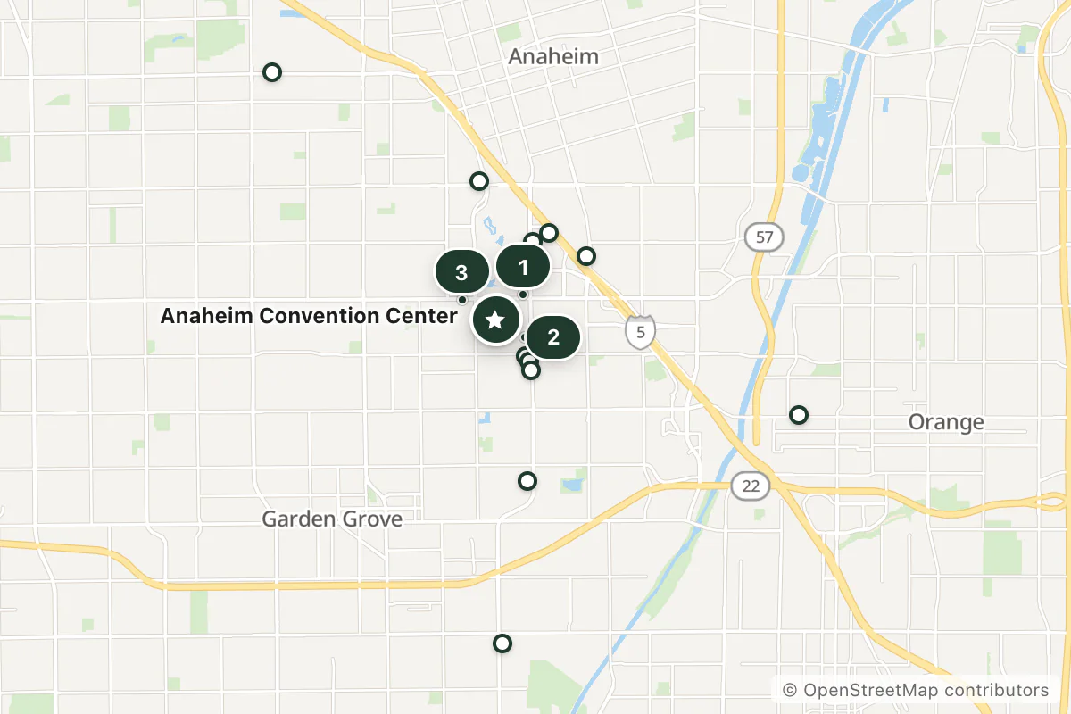 Map of the top 18 hotels for this question around Anaheim Convention Center