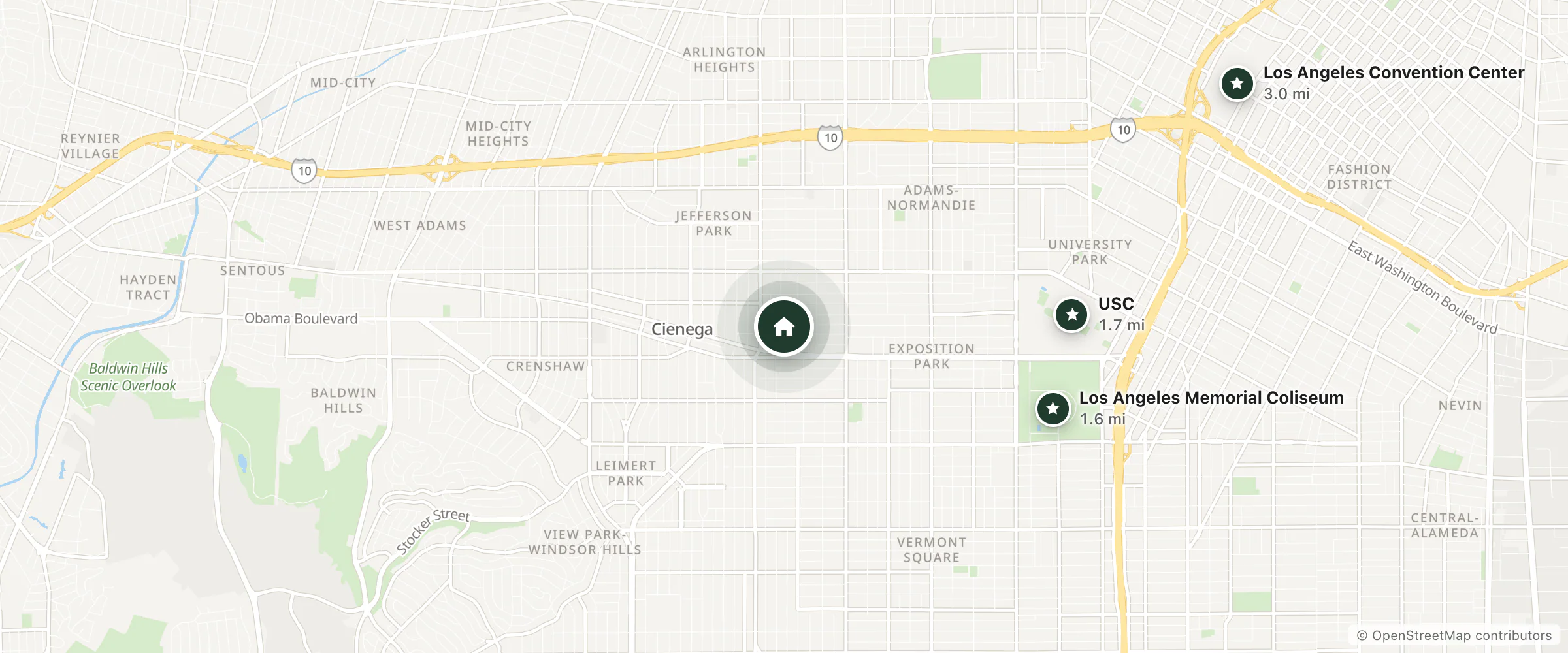 Map of Cimarron and nearby Los Angeles Memorial Coliseum, USC and Los Angeles Convention Center