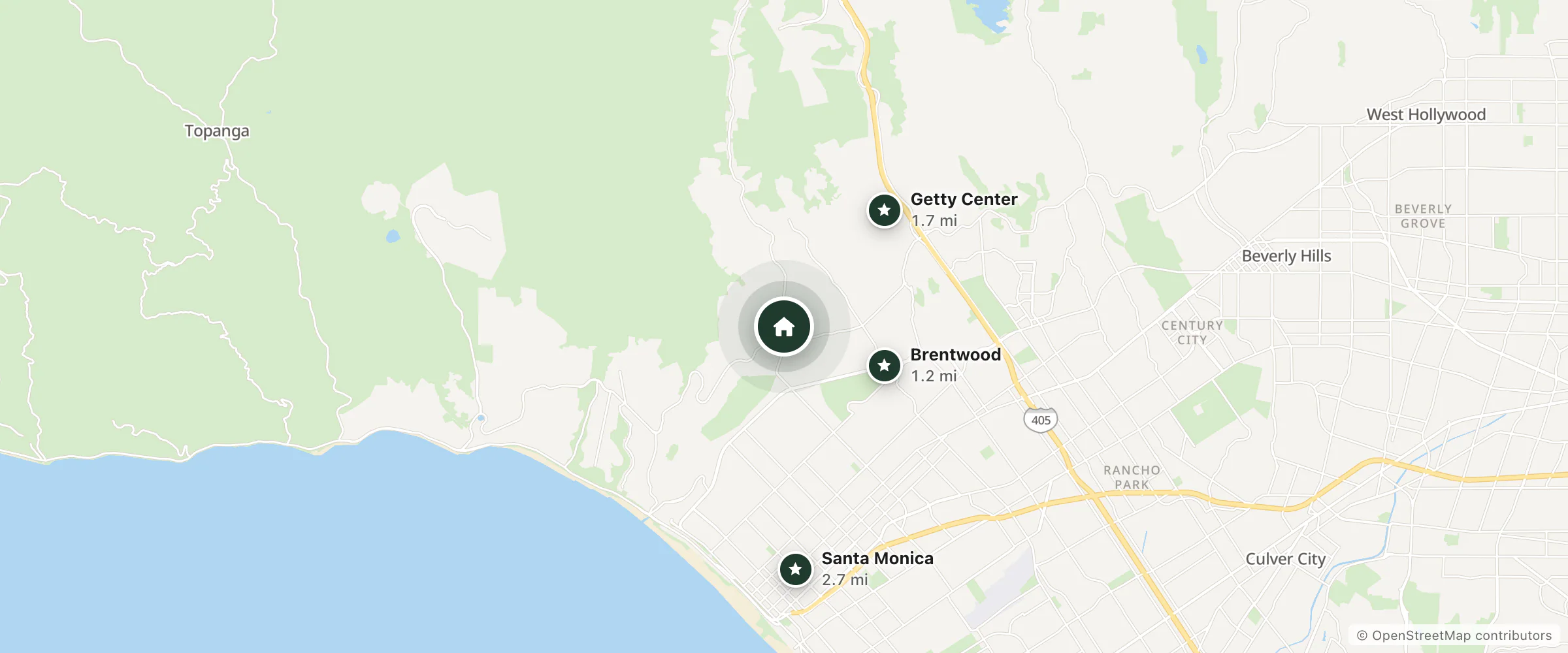 Map of The Rock Brentwood Extended Stay and nearby Brentwood, Getty Center and Santa Monica