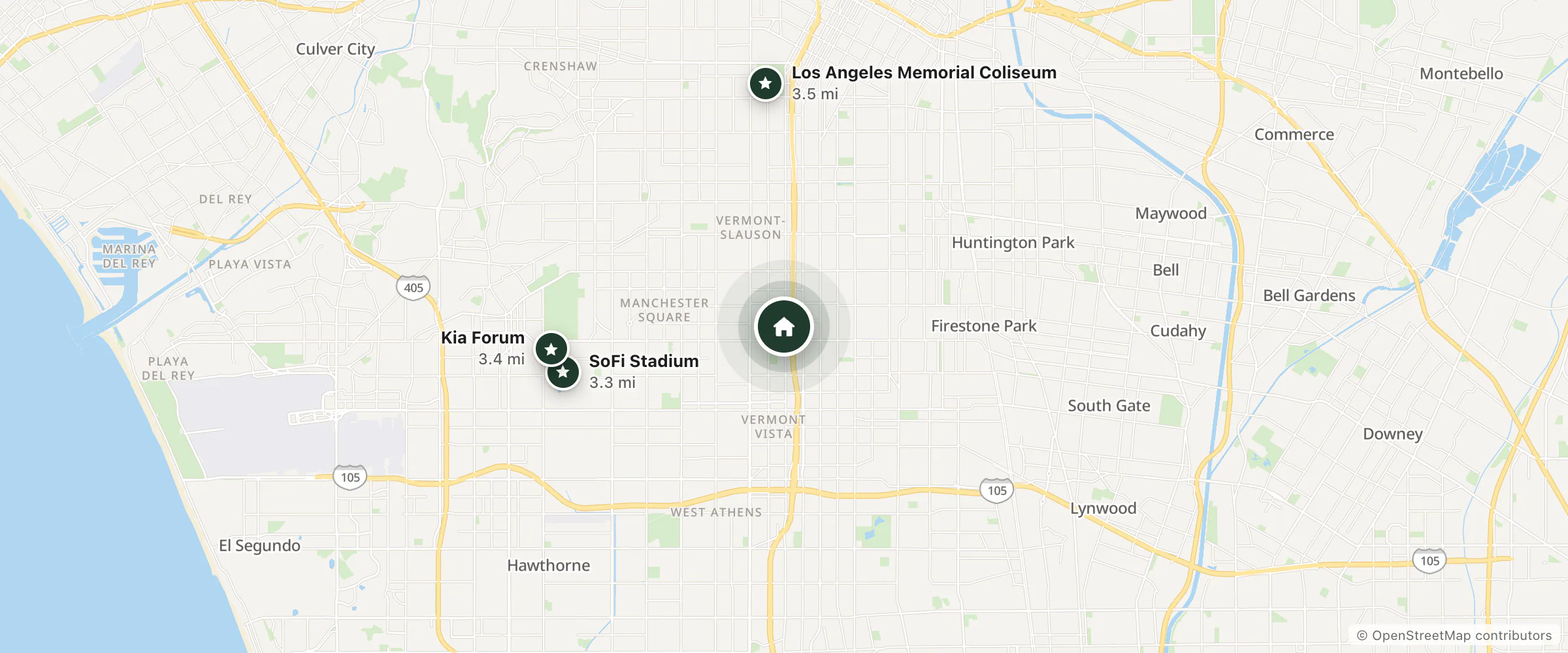 Map of New Bay Motel and nearby SoFi Stadium, Kia Forum and Los Angeles Memorial Coliseum