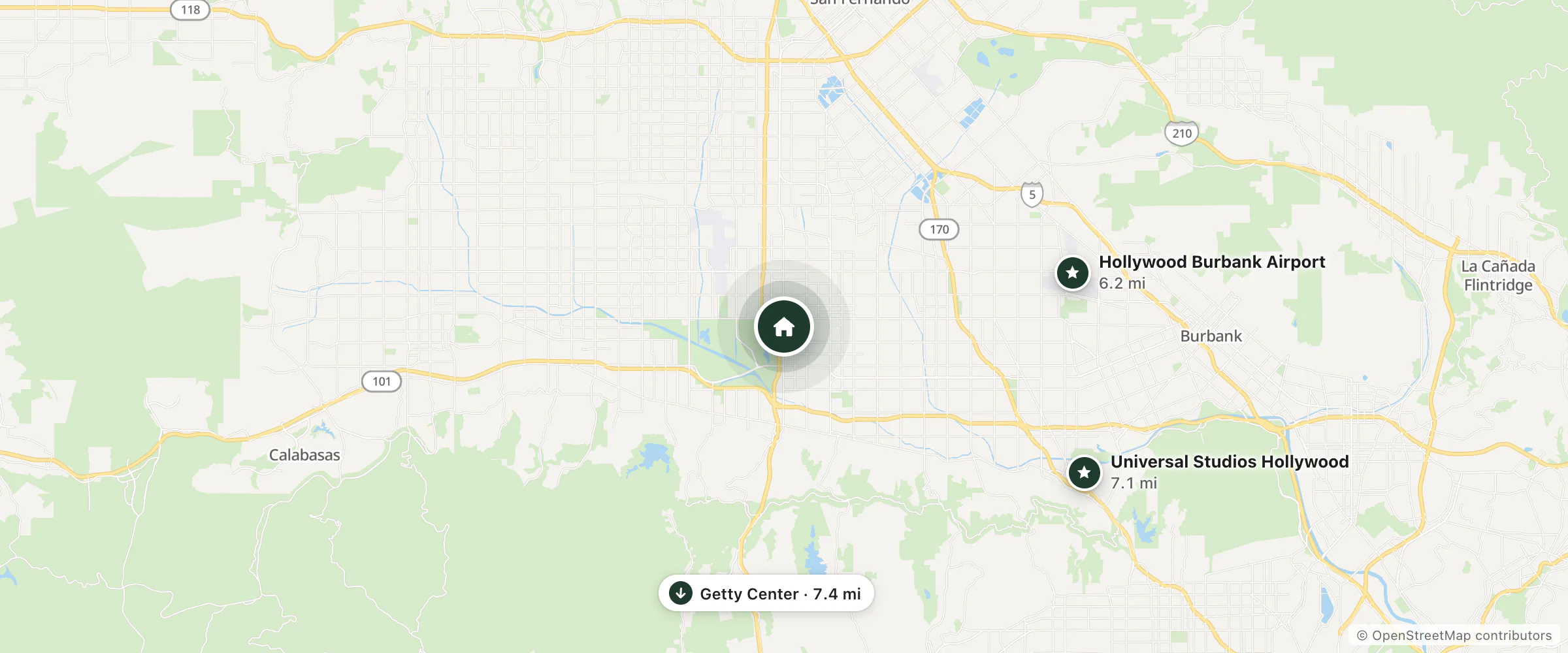 Map of Cinema Motel and nearby Hollywood Burbank Airport, Universal Studios Hollywood and Getty Center