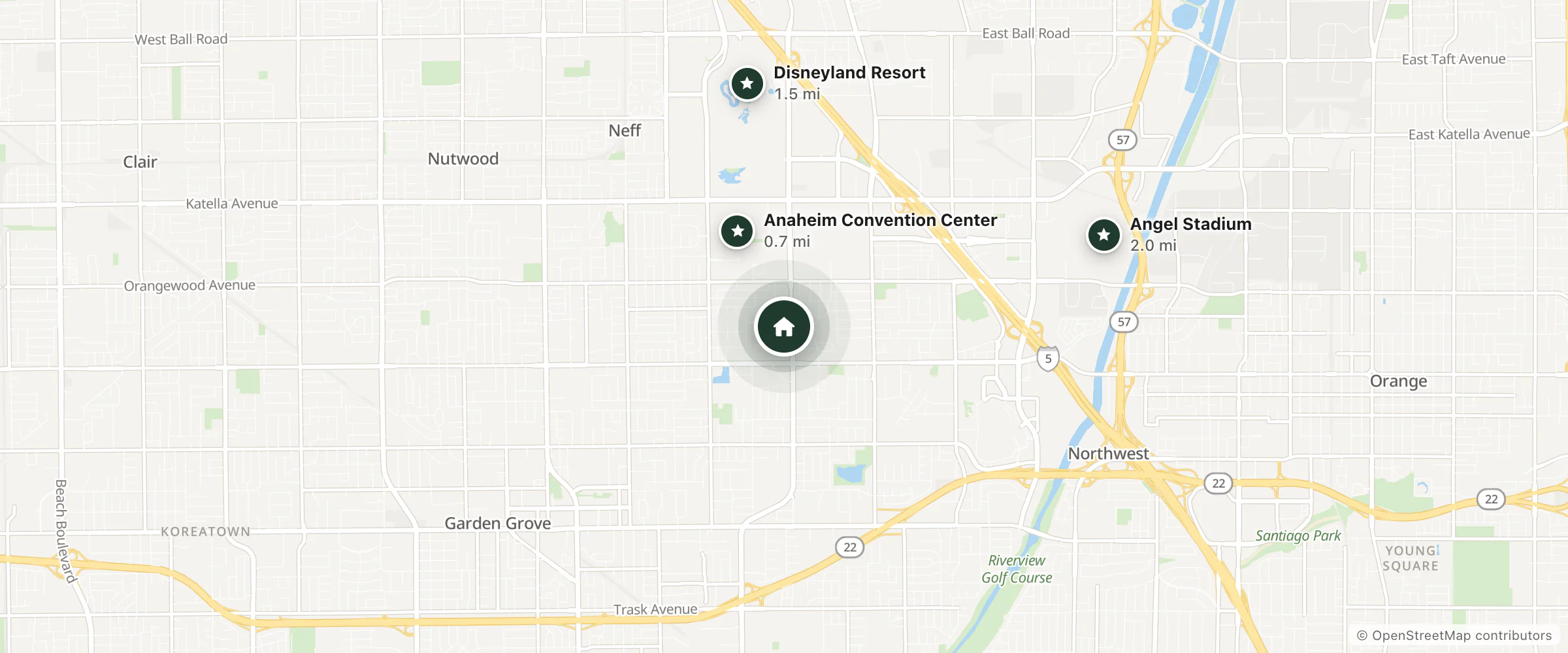 Map of Hampton Inn & Suites Anaheim Garden Grove and nearby Anaheim Convention Center, Disneyland Resort and Angel Stadium