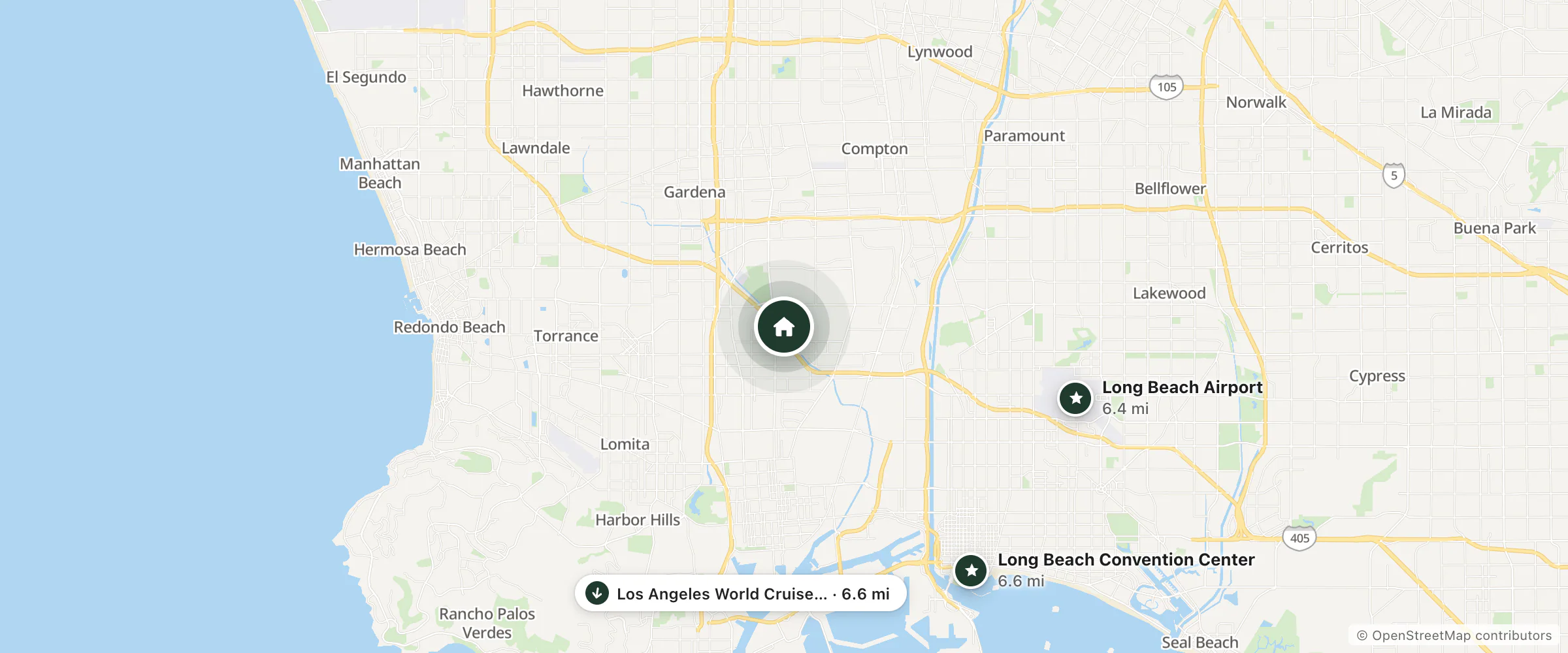 Map of Motel 6 and nearby Long Beach Airport, Long Beach Convention Center and Los Angeles World Cruise Center